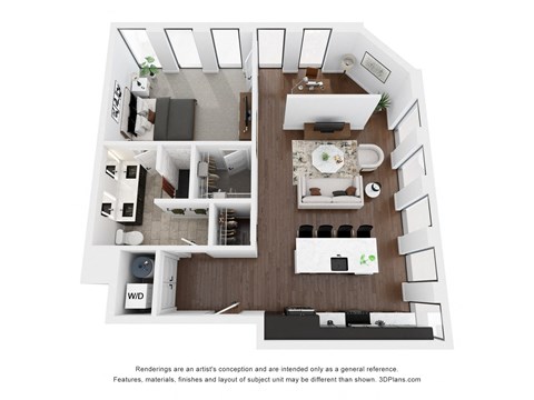 Floor plan for 1 bed, 1 bath, 1017 sqft